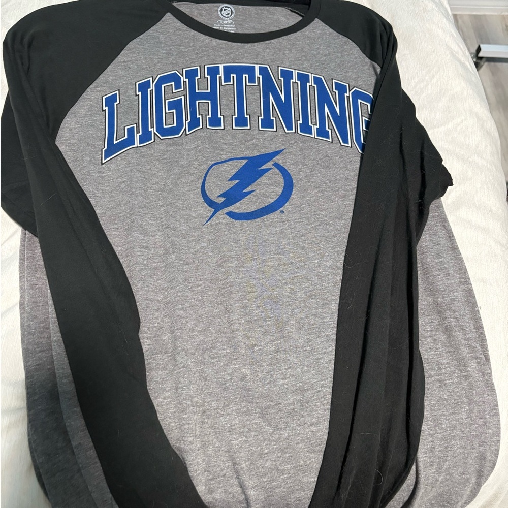 NHL Lightning Black and Gray Long Sleeve Tee with Blue Logo